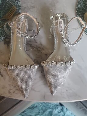 Badgley Mischka Silver Crystal-Trim Pointed-Toe Ankle-Strap Heels